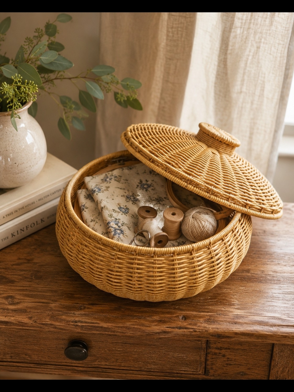 Woven Rattan Lidded Basket in Natural Honey Storage Home Decor